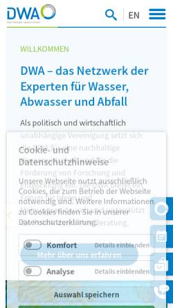 Vorschau der mobilen Webseite de.dwa.de, DWA Deutsche Vereinigung für Wasserwirtschaft, Abwasser und Abfall e.V.