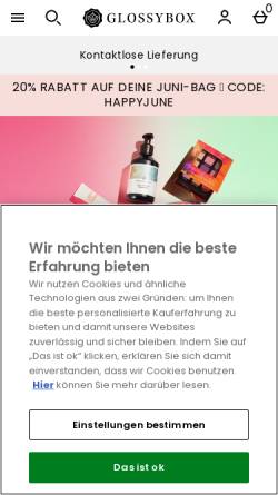 Vorschau der mobilen Webseite www.glossybox.de, Glossybox - Die neuesten Kosmetiktrends in einer Box