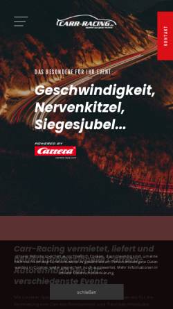Vorschau der mobilen Webseite www.carr-racing.de, Carrera-Rennbahn Vermietung, Eggert Entertainment