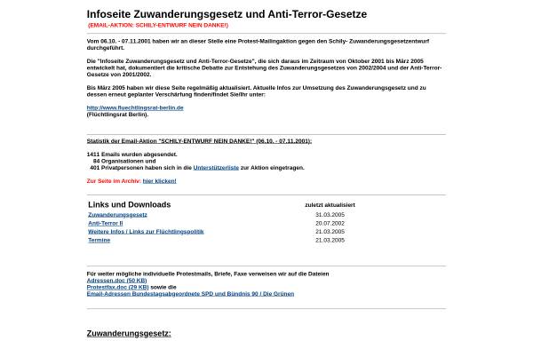 Vorschau von action.dbein.de, Infoseite Zuwanderungsgesetz und Anti-Terror-Gesetze