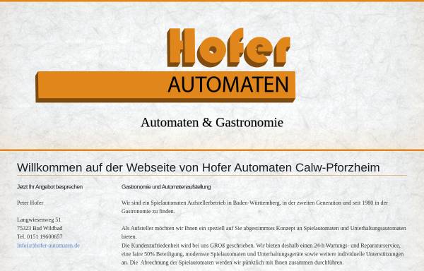 Vorschau von www.hofer-automaten.de, NMO-Web GbR, Jasmina und Peter Hofer