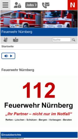 Vorschau der mobilen Webseite www.nuernberg.de, Berufsfeuerwehr Nürnberg (Bayern)