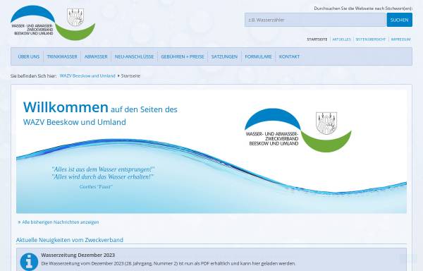 Vorschau von www.beeskow-wasser.de, Wasser- und Abwasserzweckverband Beeskow und Umland