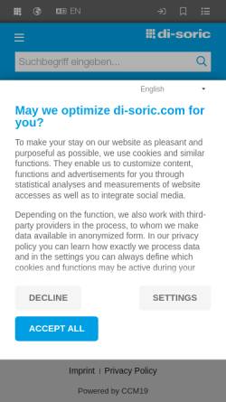 Vorschau der mobilen Webseite www.di-soric.com, Di-soric Industrieelectronic GmbH & Co. KG