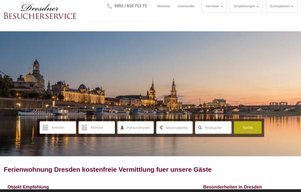 Vorschau von www.ferienwohnungdresden.info, Vermittlung von Ferienwohnungen in Dresden