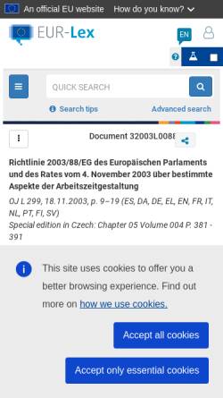 Vorschau der mobilen Webseite eur-lex.europa.eu, Richtlinie 2003/88/EG