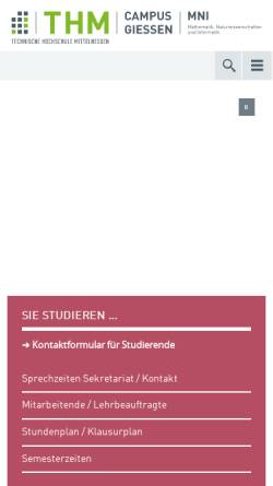 Vorschau der mobilen Webseite www.mni.thm.de, Fachbereich Mathematik, Naturwissenschaften und Informatik der Technischen Hochschule Mittelhessen