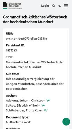 Vorschau der mobilen Webseite www.ub.uni-bielefeld.de, J.C. Adelung: Grammatisch-kritisches Wörterbuch der Hochdeutschen Mundart [2]