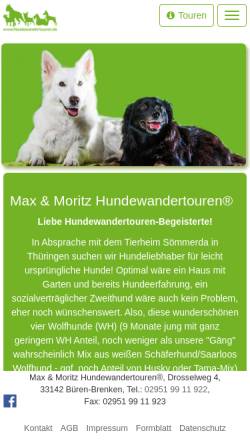 Vorschau der mobilen Webseite www.hundewandertouren.de, Max & Moritz Hundewandertouren - Tages- u. Mehrtagestouren für Menschen mit Hund