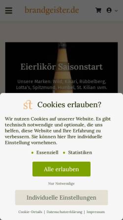 Vorschau der mobilen Webseite brandgeister.de, Spirituosen Online Fachgeschäft
