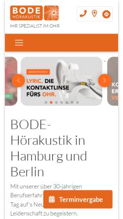 Vorschau der mobilen Webseite www.bode-hoerakustik.de, Bode Hoerakustik. Ihr Spezialist im Ohr.