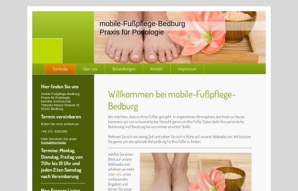 Vorschau von www.mobile-fusspflege-bedburg.de, Podologin D. Schimeczek, Praxis für Podologie/medizinische Fußpflege