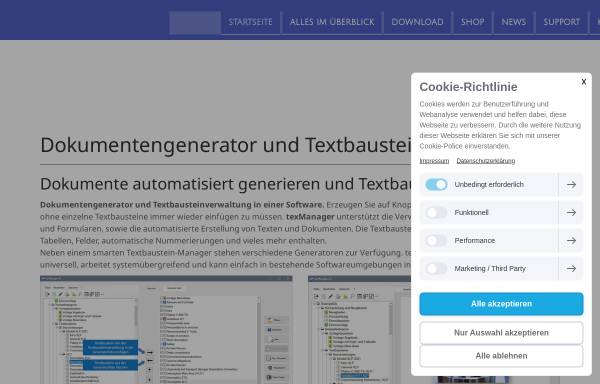 Vorschau von www.texmanager.de, texManager - Textbausteinverwaltung und Dokumentengenerator