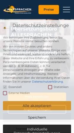 Vorschau der mobilen Webseite www.allesprachen.at, AlleSprachen - Übersetzungsdienst in Graz & Wien