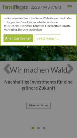 Vorschau der mobilen Webseite www.forestfinance.de, Forest Finance Waldinvestments