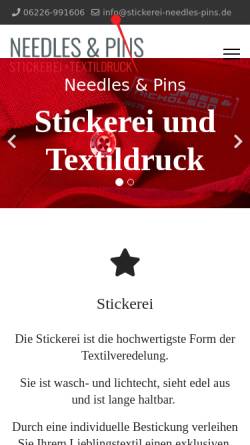 Vorschau der mobilen Webseite www.stickerei-needles-pins.de, Stickerei und Textildruck Needles & Pins