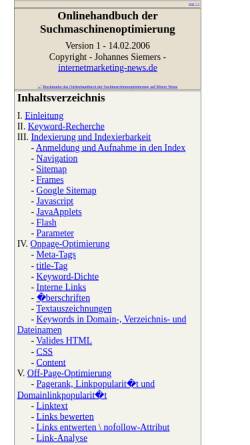 Vorschau der mobilen Webseite www.internetmarketing-news.de, Onlinehandbuch der Suchmaschinenoptimierung
