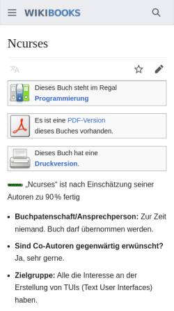 Vorschau der mobilen Webseite de.wikibooks.org, Ncurses