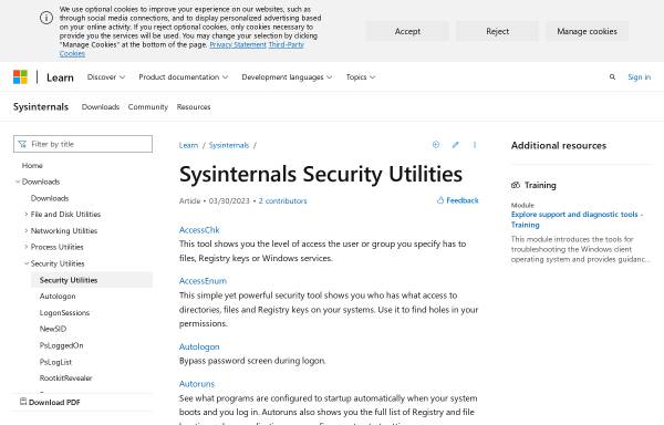 Vorschau von technet.microsoft.com, Microsoft: Sysinternals-Dienstprogramme (Sicherheit)