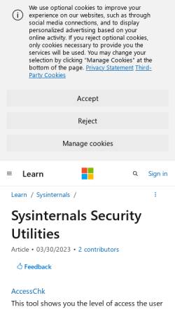 Vorschau der mobilen Webseite technet.microsoft.com, Microsoft: Sysinternals-Dienstprogramme (Sicherheit)