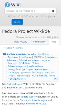 Vorschau der mobilen Webseite fedoraproject.org, Fedora Project Wiki