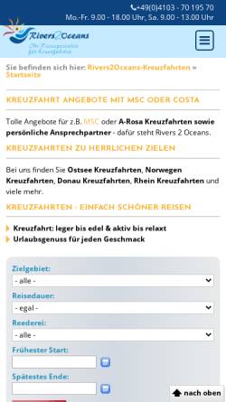 Vorschau der mobilen Webseite www.rivers2oceans-kreuzfahrten.de, Rivers2Oceans Kreuzfahrten e.K.