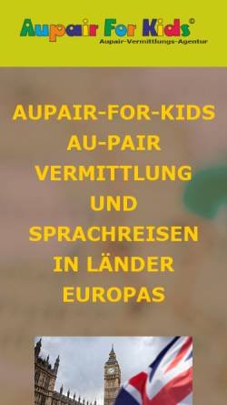Vorschau der mobilen Webseite www.aupair-for-kids.de, Au-pair-Vermittlungs-Agentur Ortmann