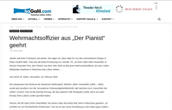 Wehrmachtsoffizier aus “Der Pianist” geehrt - Hagalil.com