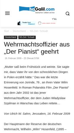 Vorschau der mobilen Webseite www.hagalil.com, Wehrmachtsoffizier aus “Der Pianist” geehrt - Hagalil.com