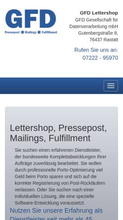 Vorschau der mobilen Webseite www.gfd-lettershop.de, GFD Gesellschaft für Datenverarbeitung mbH