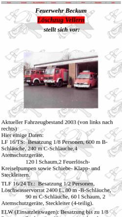 Vorschau der mobilen Webseite www.vellern.info, Freiwillige Feuerwehr Beckum - Löschzug Vellern