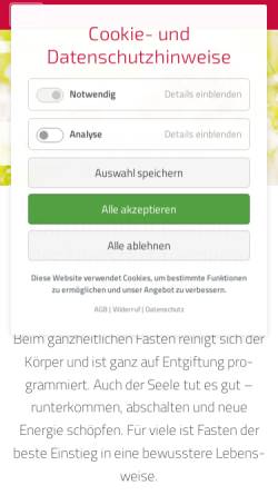 Vorschau der mobilen Webseite www.fastenzentrumkirstein.de, Fastenzentrum Kirstein für homöopathisch begleitetes Fasten