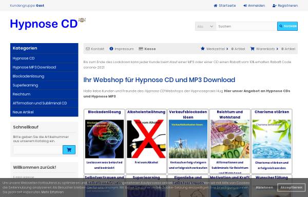 Vorschau von www.hypnose-cd-hug.de, Hypnose CD Webshop der Hypnosepraxis Hug