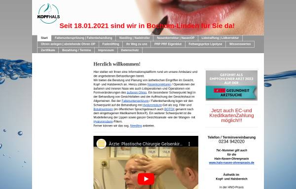 Vorschau von www.kopfhals.de, Ambulanz für Ästhetik im Kopf- und Halsbereich