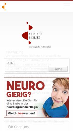 Vorschau der mobilen Webseite www.rehaklinik-beelitz.de, Kliniken Beelitz GmbH - Neurologische Rehabilitationsklinik
