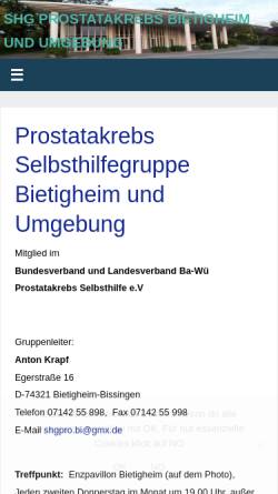 Vorschau der mobilen Webseite prostata-selbsthilfe-bietigheim.de, Prostatakrebs Selbsthilfegruppe Bietigheim und Umgebung