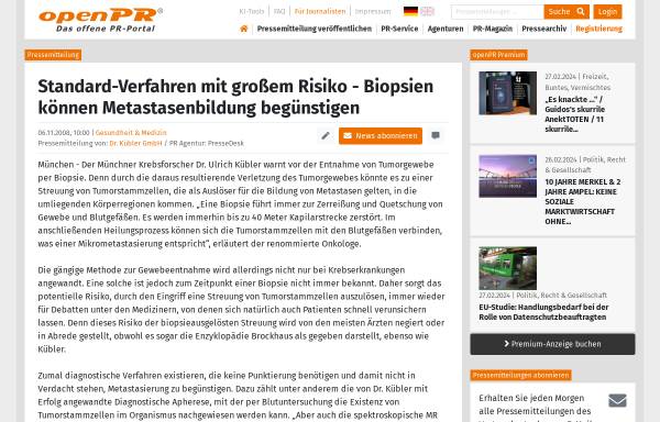 Vorschau von www.openpr.de, Biopsien können Metastasenbildung begünstigen - openPR.de