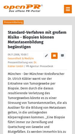 Vorschau der mobilen Webseite www.openpr.de, Biopsien können Metastasenbildung begünstigen - openPR.de