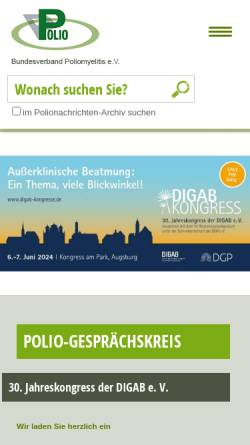 Vorschau der mobilen Webseite www.polio-selbsthilfe.de, Bundesverband Poliomyelitis e.V.