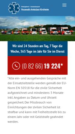Vorschau der mobilen Webseite paramedic-ambulanz.de, Paramedic-Ambulanz Kirchheim