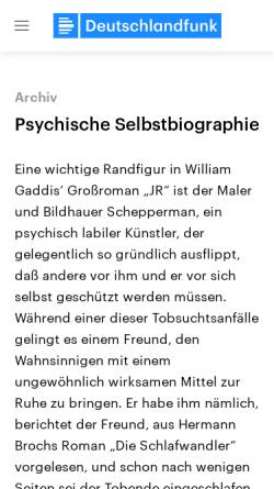 Vorschau der mobilen Webseite www.deutschlandfunk.de, Hermann Broch: Psychische Selbstbiographie