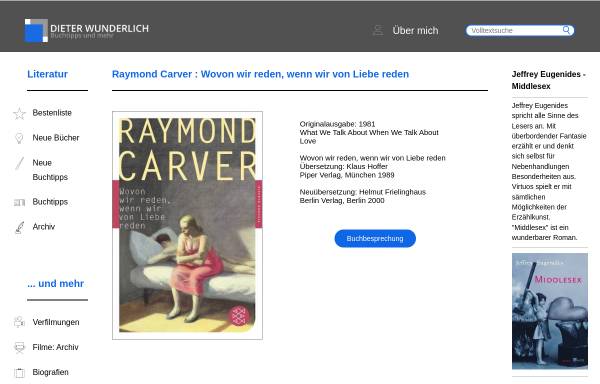 Vorschau von www.dieterwunderlich.de, Raymond Carver: Wovon wir reden, wenn wir von Liebe reden