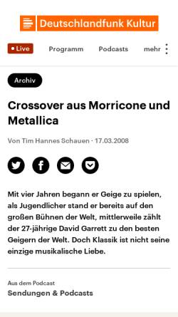 Vorschau der mobilen Webseite www.deutschlandradiokultur.de, Deutschlandradio - Crossover aus Morricone und Metallica