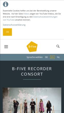 Vorschau der mobilen Webseite www.b-five.be, B Five Blockflötenconsort