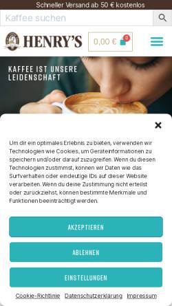 Vorschau der mobilen Webseite www.henrys-coffee.de, Henry´s Coffee World AG