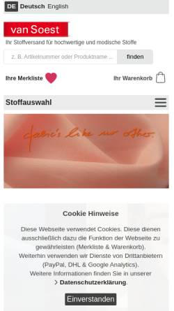 Vorschau der mobilen Webseite www.vansoest-stoffe.de, Van Soest Stoffe