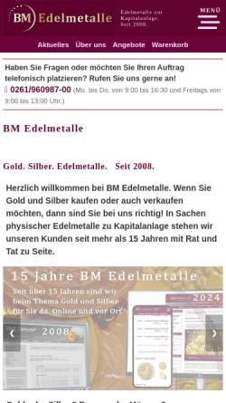 Vorschau der mobilen Webseite www.bm-edelmetalle.de, BM Edelmetalle, Benjamin Müller