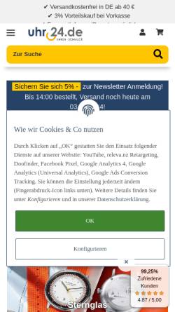 Vorschau der mobilen Webseite uhr24.de, Corner Shop GmbH