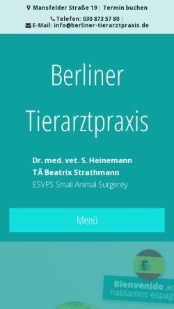 Vorschau der mobilen Webseite www.berliner-tierarztpraxis.de, Kleintierpraxis - Dr.med.vet. W. vom Hove / Dr.med.vet. S. Heinemann