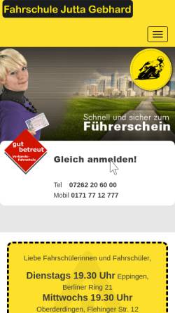 Vorschau der mobilen Webseite www.fahrschule-jutta-gebhard.de, Fahrschule Jutta Gebhard